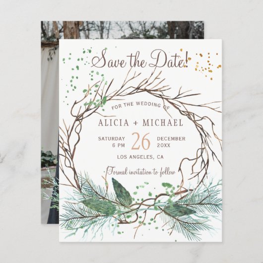 予算の素朴な冬の結婚式PHOTO日付を保存 (正面/裏面)