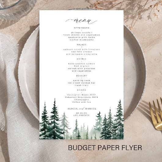 予算の素朴な森の松結婚の木のメニュー チラシ