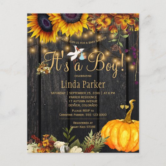 予算の素朴な秋の男の赤ちゃんシャワーの招待 チラシ (正面)