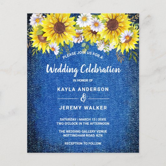 予算の素朴な青いヒマワリの結婚式の招待 (正面)