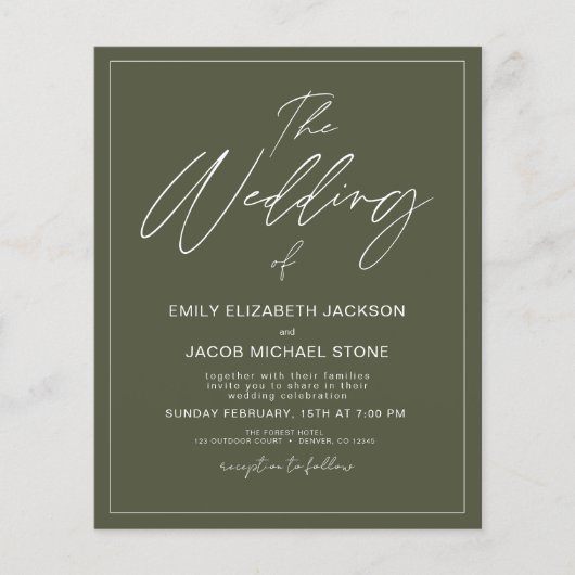 予算の結婚セージグリーンモダンタイポグラフィ チラシ (正面)