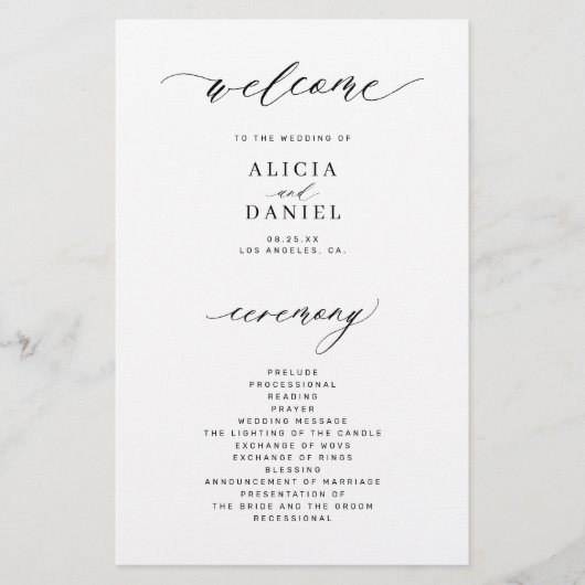 予算の結婚式プログラムの白い黒いエレガント写真 チラシ (正面)