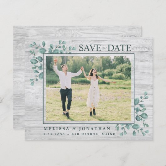 予算の緑の写真結婚式の日付を保存招待状 (正面/裏面)