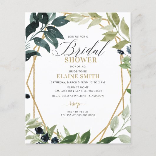 予算の緑の幾何学的ブライダルシャワー招待 (正面)