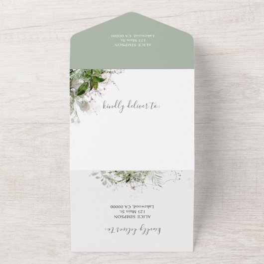 予算の緑の葉のエレガントな結婚式 オールインワン招待状 (外側)