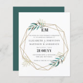 予算の緑の金ゴールド幾何学的な結婚式の誘い (正面/裏面)