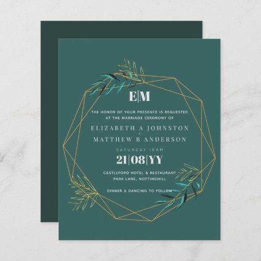 予算の緑の金ゴールド幾何学的な結婚式の誘い (正面/裏面)