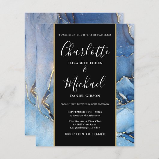 予算の署名スクリプトブルーアゲートウェディング招待 (正面/裏面)