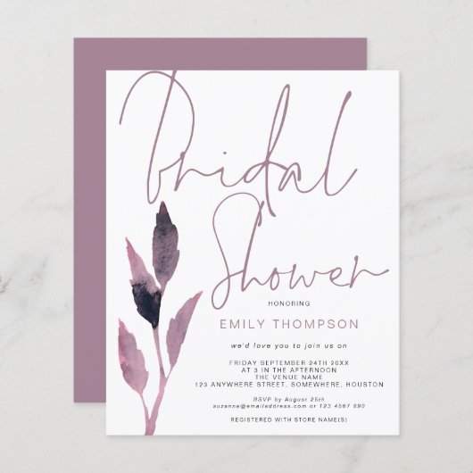 予算の葉のスクリプトブライダルシャワーの招待 (正面/裏面)