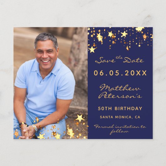 予算の誕生日ネイビー青金ゴールド写真Save the Date (正面)