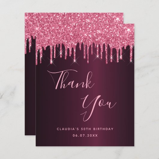 予算の誕生日バーガンディーピンクの名前サンキューカード (正面/裏面)