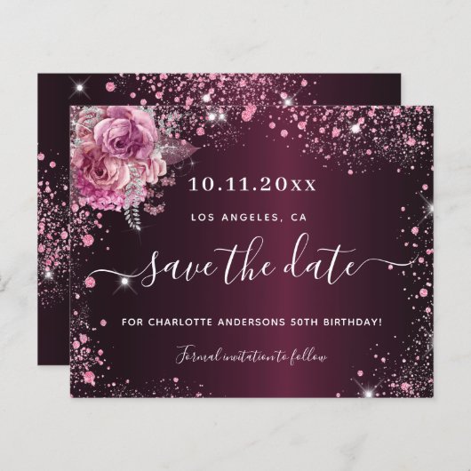 予算の誕生日バーガンディーピンクフローラの日付を保存 (正面/裏面)