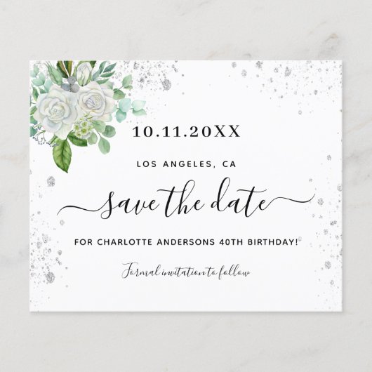 予算の誕生日パーティフローラ白い日付を保存 (正面)