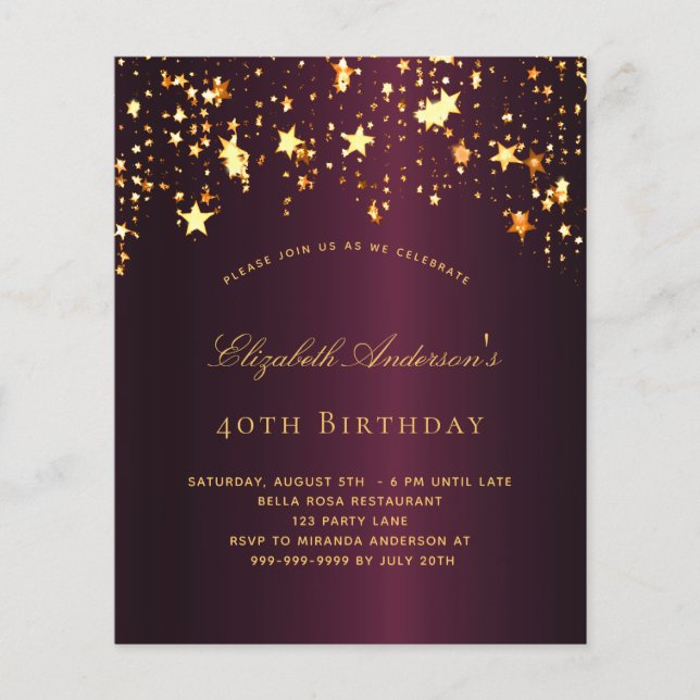 予算の誕生日パーティブルゴーニュ金ゴールド招待 (正面)