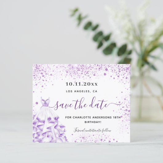 予算の誕生日パーティホワイトバイオレット日付を保存 (スタンド正面)