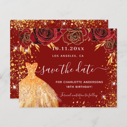 予算の誕生日パーティー赤い金ゴールドドレスの日付を保存 (正面/裏面)