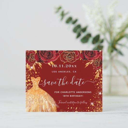 予算の誕生日パーティー赤い金ゴールドドレスの日付を保存 (スタンド正面)