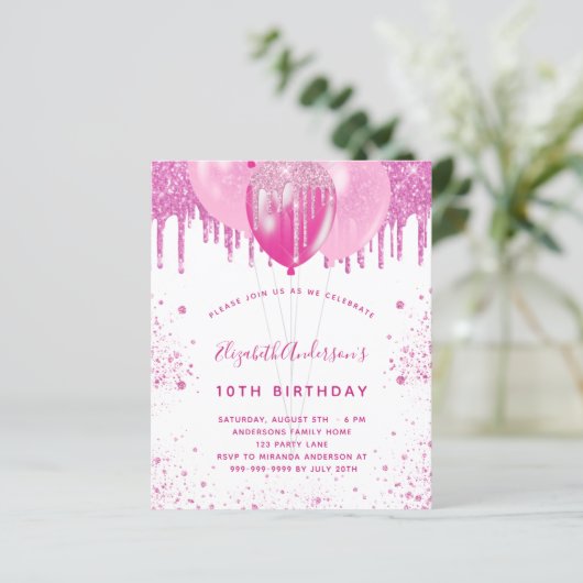 予算の誕生日ピンクの白い女の子の招待 (スタンド正面)