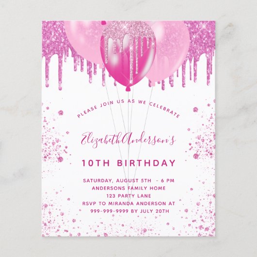 予算の誕生日ピンクの白い女の子の招待 (正面)