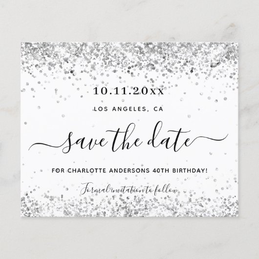 予算の誕生日ホワイトシルバーグリッターの日付を保存 (正面)