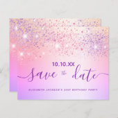 予算の誕生日レインボーグリッターピンク日付を保存 (正面/裏面)