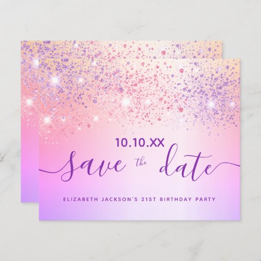 予算の誕生日レインボーグリッターピンク日付を保存 (正面/裏面)