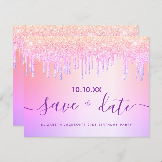 予算の誕生日赤面紫のグリッター日付を保存 (正面/裏面)