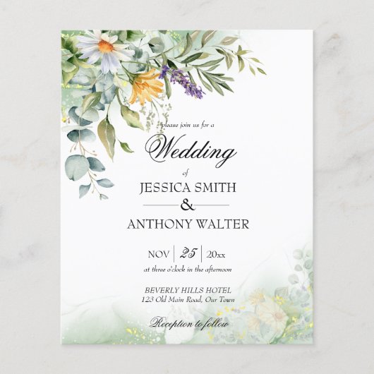予算の野生の花の緑のフローラ結婚式の招待 (正面)