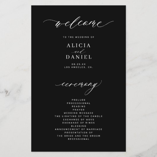 予算の黒と白のエレガントな結婚式プログラム (正面)