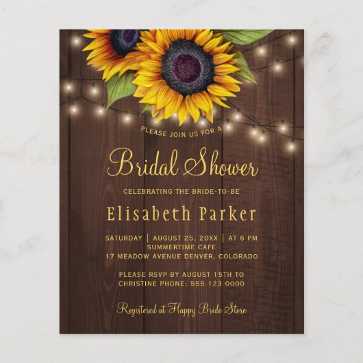 予算ひまわり木製ブライダルシャワー招待 (正面)