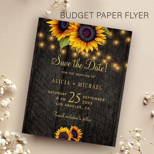 予算ひまわり納屋の木の結婚式の日付を保存 チラシ