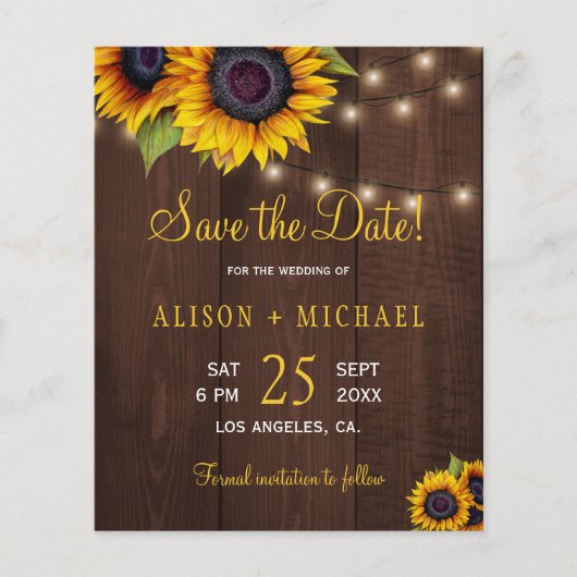 予算ひまわり素朴な救木材の結婚日付 チラシ (正面)