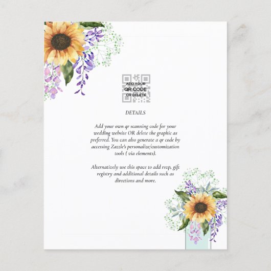 予算ひまわり花パープルフローラ結婚式の招待 (裏面)