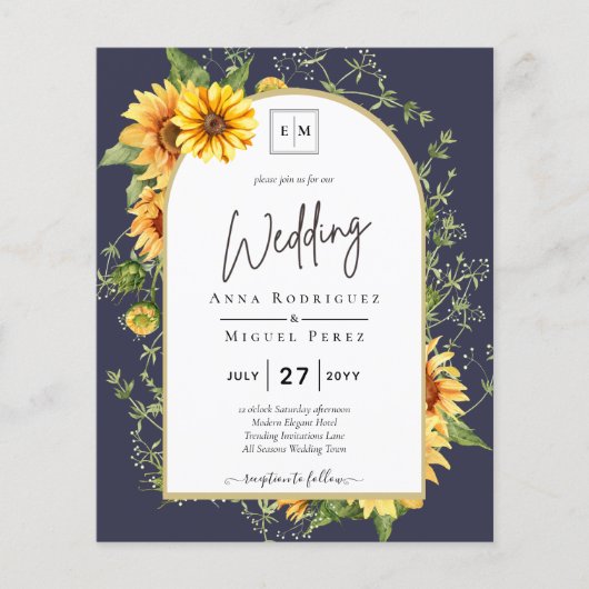 予算ひまわり花結婚式QRコードRSVP チラシ (正面)