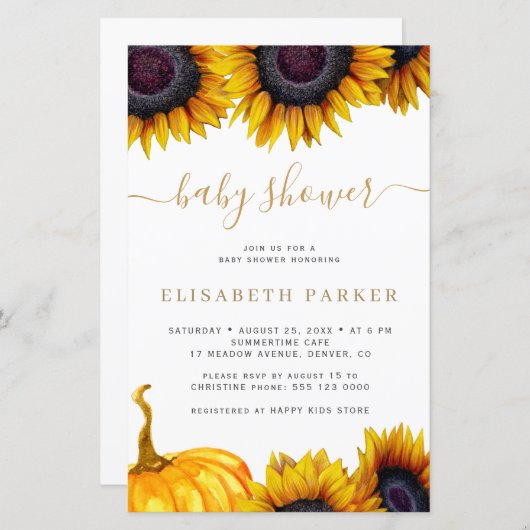 予算ひまわり金ゴールド赤ちゃんシャワー招待 (正面/裏面)