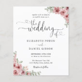 予算ほこりっぽいバラフローラスクリプト結婚式招待状 (正面)