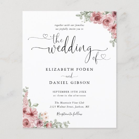 予算ほこりっぽいバラフローラスクリプト結婚式招待状 (正面)