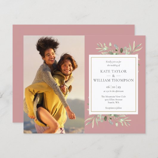 予算ほこりっぽいバラ緑の写真結婚式の招待 (正面/裏面)