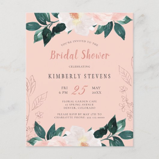 予算ほこりっぽいピンクのフローラブライダルシャワー招待 (正面)