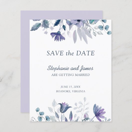 予算ほこりっぽいブルーパープルフローラ日付カードの保存 (正面/裏面)