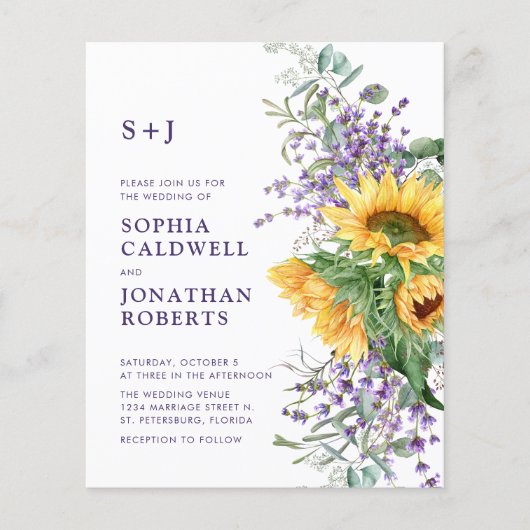 予算をすべて1つのひまわりラベンダー結婚の チラシ (正面)