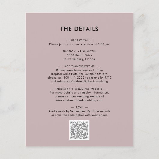 予算をすべて1つのムーディーズフローラ結婚式招待状 (裏面)