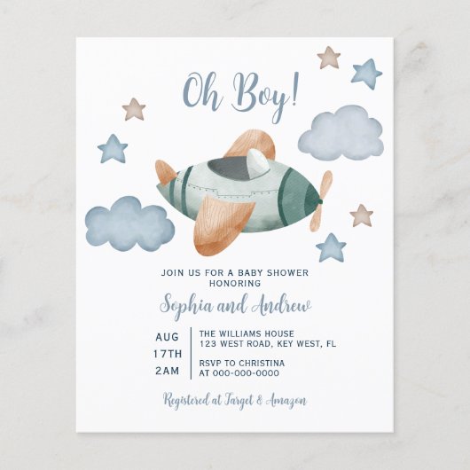 予算アップと飛行機遠くにの赤ちゃんシャワー招待状 (正面)