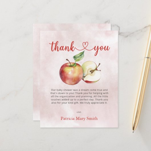 予算アップルの目の赤ちゃんシャワーサンキューカード (正面/裏面インサイチュ)