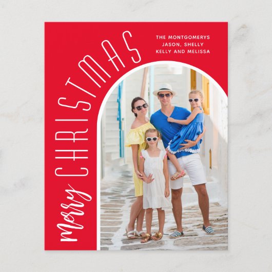 予算アーチ型メリークリスマスレッドフォトカード (正面)
