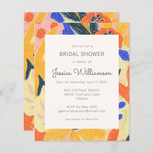 予算アート抽象芸術フローラブライダルシャワー招待状 (正面/裏面)