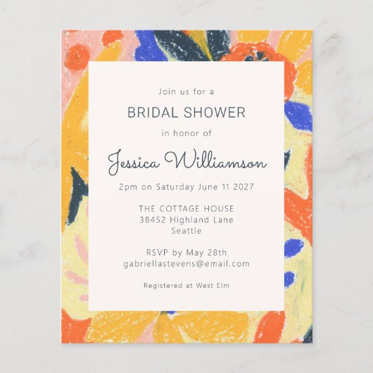 予算アート抽象芸術フローラブライダルシャワー招待状 (正面)