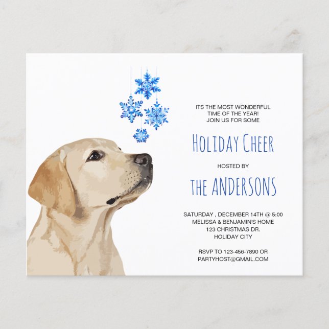 予算イエロー・ラブラドール・レトリーバークリスマススノーフレーク招待状 (正面)