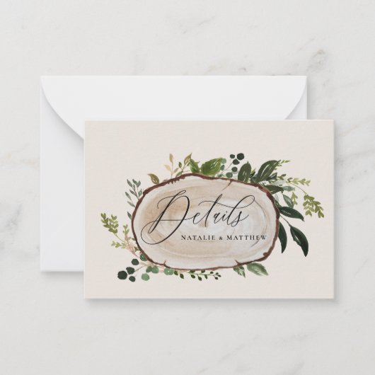 予算ウッドスライス結婚の詳細は日付を保存 ノートカード (正面)