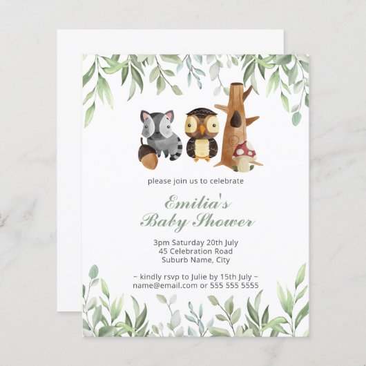 予算ウッドランド動物緑の赤ちゃんシャワー (正面/裏面)